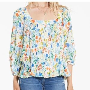 Dear John Brielle Rayon Pleated Floral Puff Sleeve Square Neck Blouse
